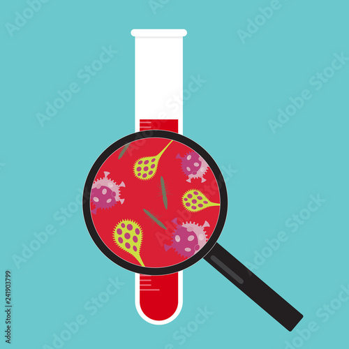 Flat design illustration of a tube with blood, magnifying glass and bacteria or virus, vector