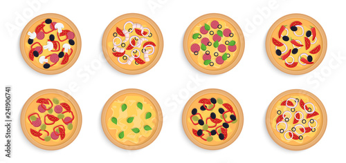 Set of pizza isolated on white background. Different types. Fast food. Colorful mock up. Simple realistic design. Flat style vector illustration.