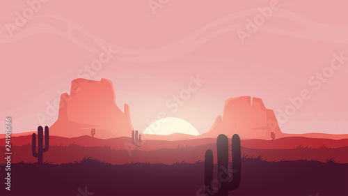 Seamless desert landscape. Beautiful high quality unending background. Layered for parallax effect. For 2d game. Simple cartoon design. With sunset. cactuses, mountains. Flat style vector illustration