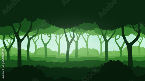 Seamless forest landscape. Beautiful high quality unending background. Layered for parallax effect. For 2d game. Simple cartoon design. With trees. bushes, grass. Flat style vector illustration. photo