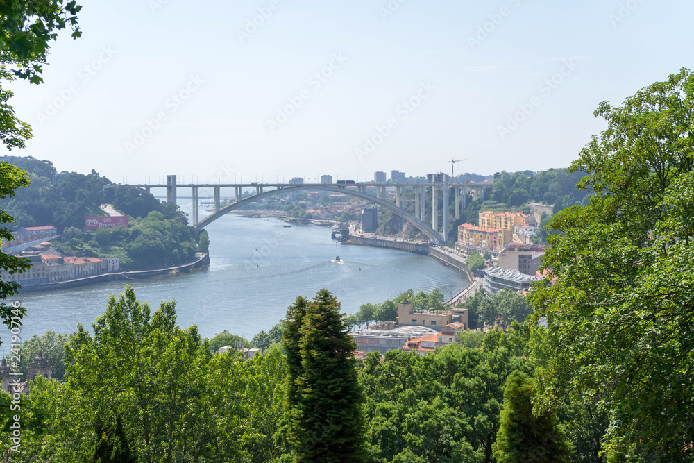 View of Porto in Portugal. Douro floating in valley.