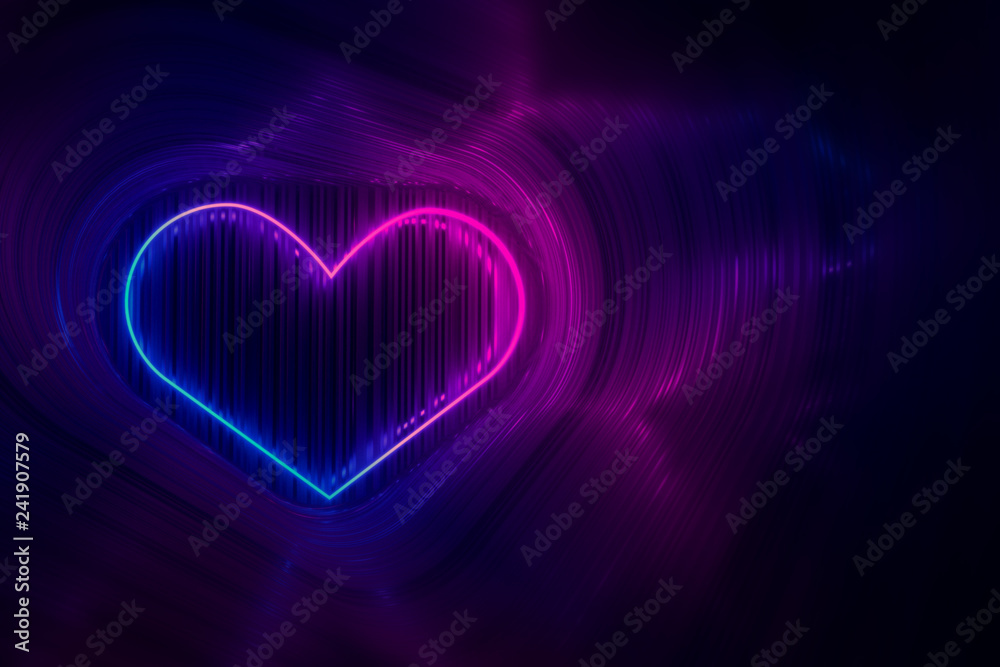 The silhouette of a glowing neon heart on the background of shiny stripes. 3D illustration