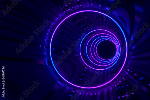 Round tunnel with reflective walls and neon circle illumination 3D Illustration