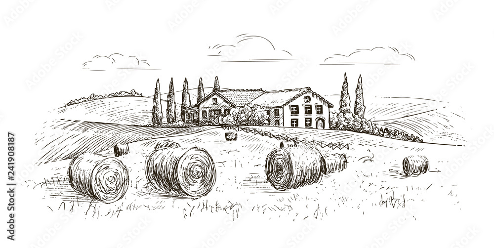 Rural landscape, village sketch. Farm, vintage vector illustration