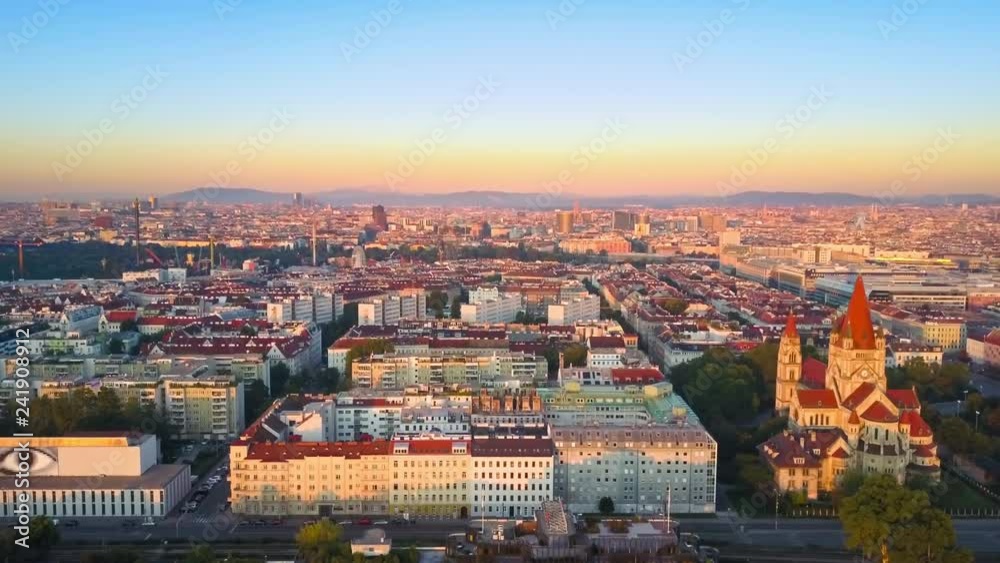 vienna aerial shot drone comes out  the window fly over city center