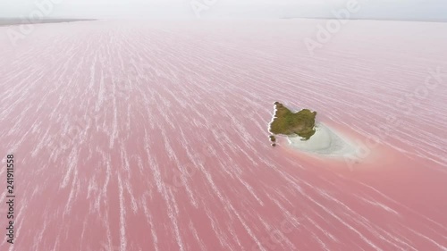 Aerial shot of a tiny islet with a white shelf in the pink Siwash lake in summer   photo