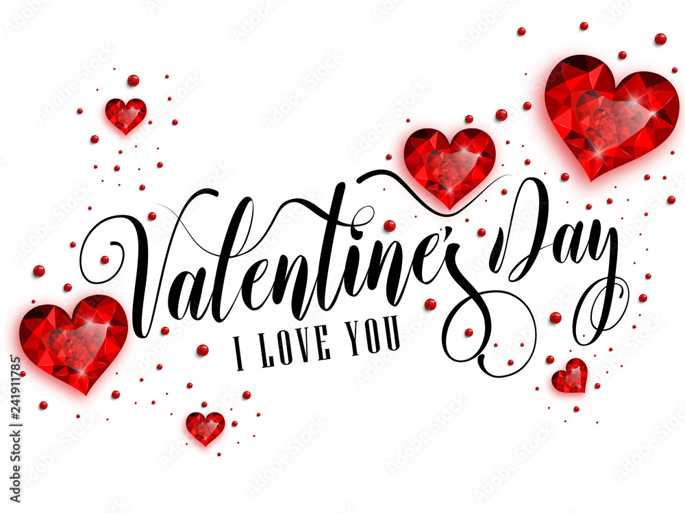 Happy Valentine's Day inscription decorated with red hearts. Vector illustration.