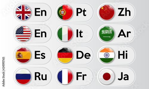 Set of language buttons with national flags. Vector illustration.