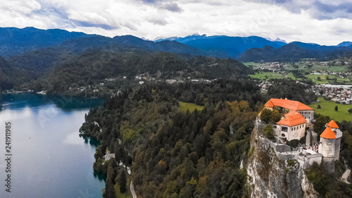 Aerial view of Blejski Grad. Old town above Bled lake and near the Bled town, in the national park Triglav part of Alps in Slovenia.