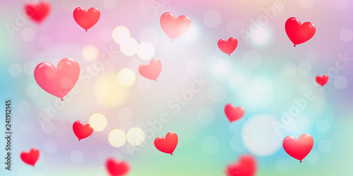 Happy Valentine's Day. Colorful background with red flying hearts. Background for the design of the holiday of all lovers. Vector illustration.