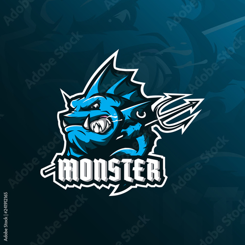 monster fish mascot logo design vector with modern illustration concept style for badge, emblem and tshirt printing. angry fish illustration with a spear in hand.