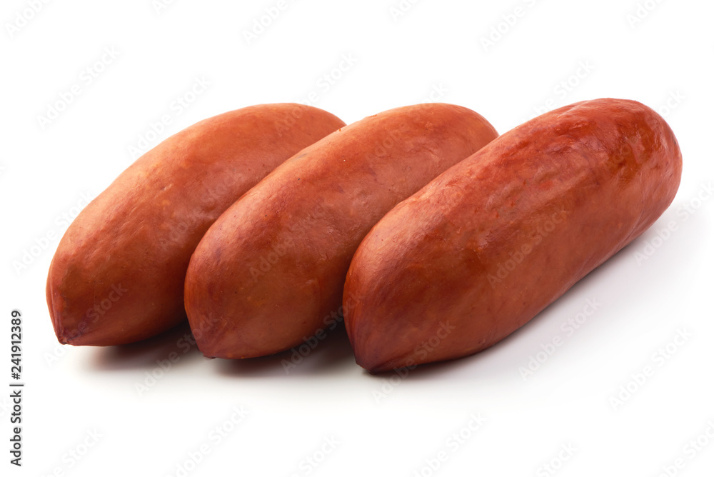 Pork Smoked Sausages, close-up, isolated on a white background Pork Smoked Sausages, close-up, isolated on a white background