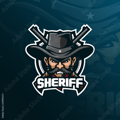 sheriff mascot logo design vector with modern illustration concept style for badge, emblem and tshirt printing. sheriff illustration with a guns.