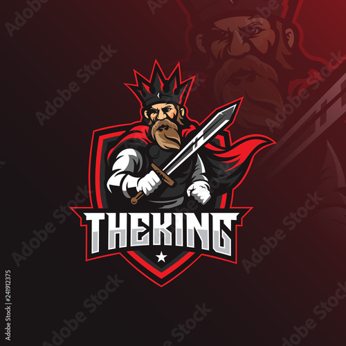 king mascot logo design vector with modern illustration concept style for badge, emblem and tshirt printing. king illustration with carrying a sword. © Ahmadbrutalism666