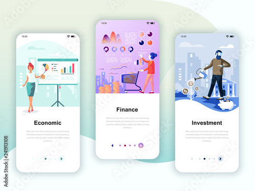 Set of onboarding screens user interface kit for Economics, Finance, Investment, mobile app templates concept. Modern UX, UI screen template for mobile or responsive web site. Vector illustration.