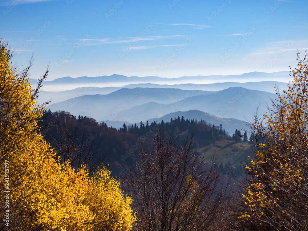 Beskids Mountains in Autumn from Jaworzyna Range nearby Piwniczna-Zdroj town, Poland. View to the south.