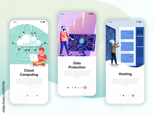 Set of onboarding screens user interface kit for Cloud Computing, Protection, Hosting, mobile app templates concept. Modern UX, UI screen for mobile or responsive web site. Vector illustration.