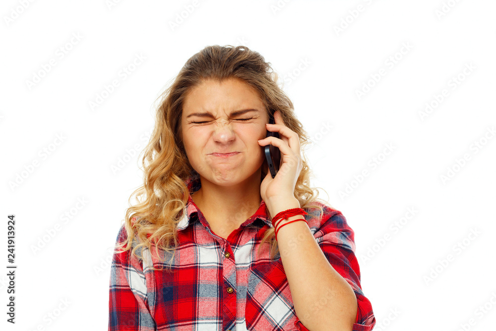 Portrait of Beautiful Young woman using mobile phone on white background Portrait of Beautiful Young woman using mobile phone on white background