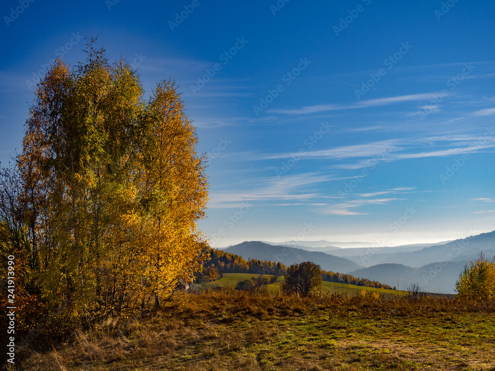 Beskids Mountains in Autumn from Jaworzyna Range. View towards Piwniczna-Zdroj, Poland.