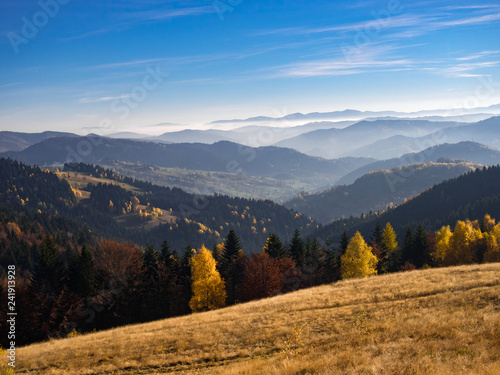 Beskids Mountains in Autumn from Jaworzyna Range nearby Piwniczna-Zdroj town, Poland. View to the southeast. © ffolas
