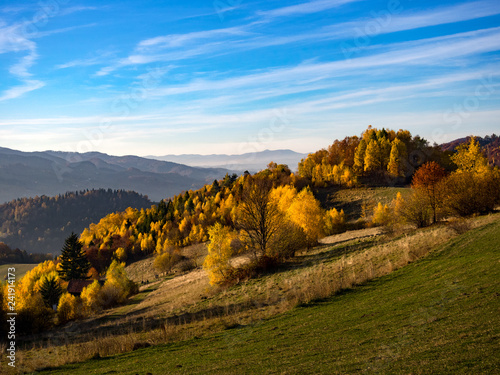 Beskids Mountains in Autumn from Jaworzyna Range nearby Piwniczna-Zdroj town, Poland. View to the west.