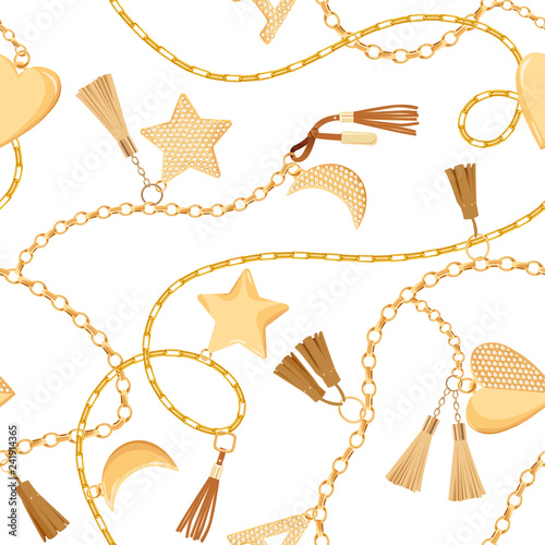 Golden Chains and Charms with Diamonds Seamless Pattern. Fashion Fabric Background with Gold, Gemstones and Jewelry Elements for Wallpapers, Print. Vector illustration