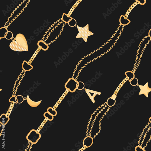 Golden Chains and Charms Seamless Pattern. Fashion Fabric Background with Gold, Gemstones and Jewelry Elements for Wallpapers, Print. Vector illustration