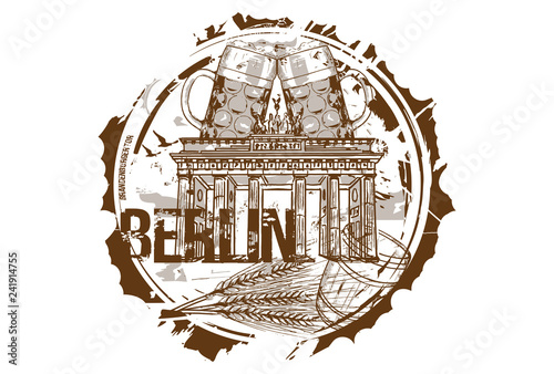Brandenburg gate and Beer Festival concept. Berlin, Germany. Hand drawn illustration.