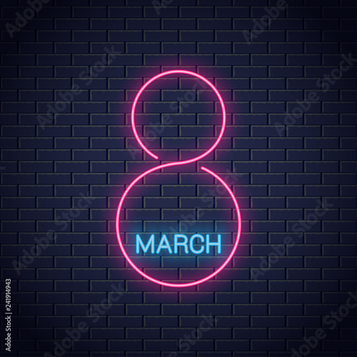 8 march neon sign. Womens day 8th march banner