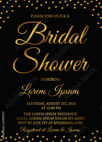 Bridal shower invitation card. Gold confetti bachelorette party ideas. Golden glittering polka dots bridal party invite. Wedding stationery. Vector illustration.