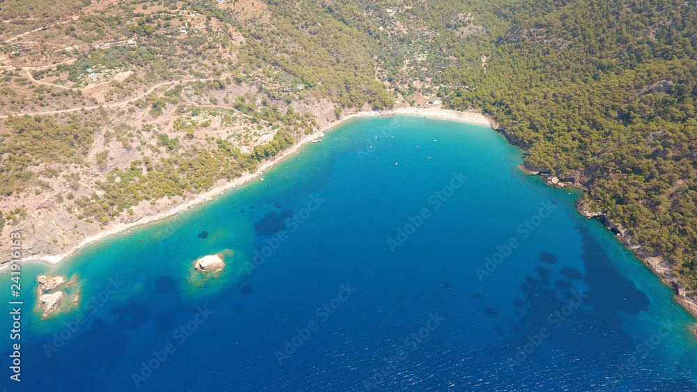 Kabak Beach from the air drone view aegean and mediterranean turqoise paradise in Fethiye/Mugla