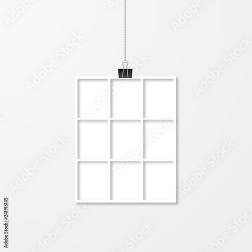 Photo collage vector template. Realistic white paper photo frame hanging with binder clips. Wedding album page layout.