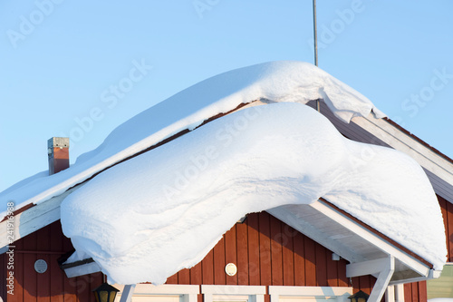 Heavy snow load on canopy roof over the door. photo