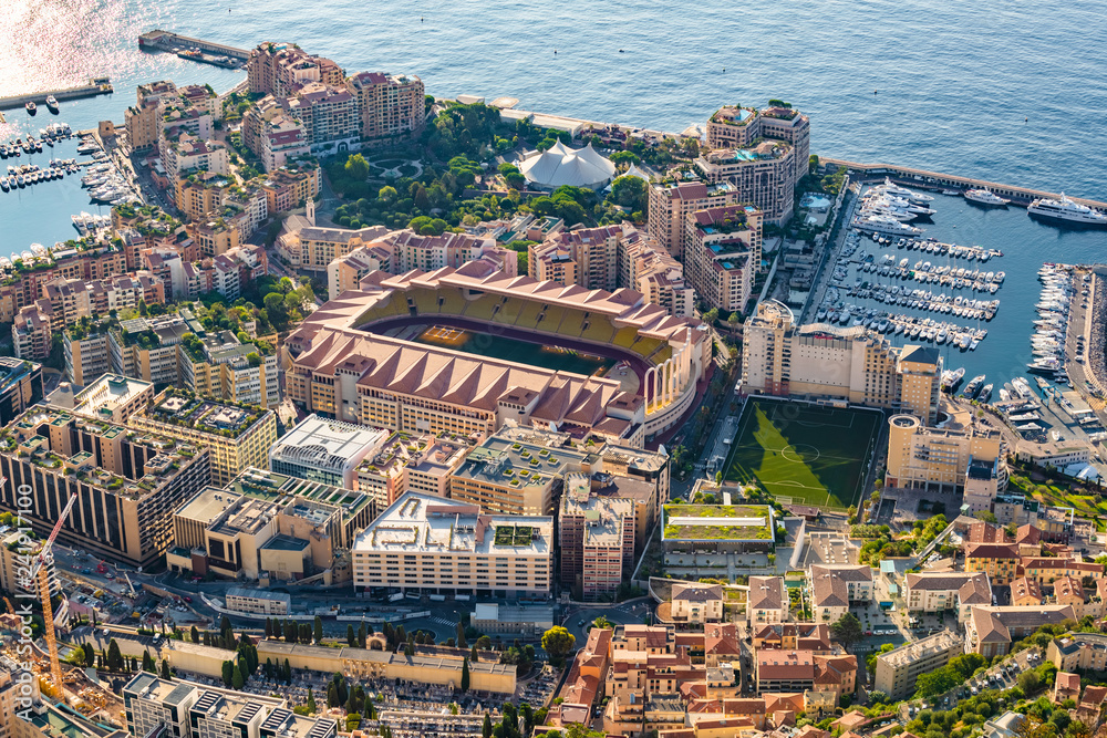 Aerial view of stadium of Monaco at sunrise, view from La Turbie, landmark of Monaco, Monte-Carlo, port Cap Dail, port Fontvieille, Monaco Ville,  blue sea, morning