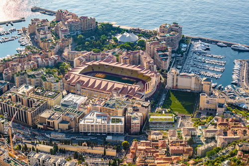 Aerial view of stadium of Monaco at sunrise, view from La Turbie, landmark of Monaco, Monte-Carlo, port Cap Dail, port Fontvieille, Monaco Ville, blue sea, morning