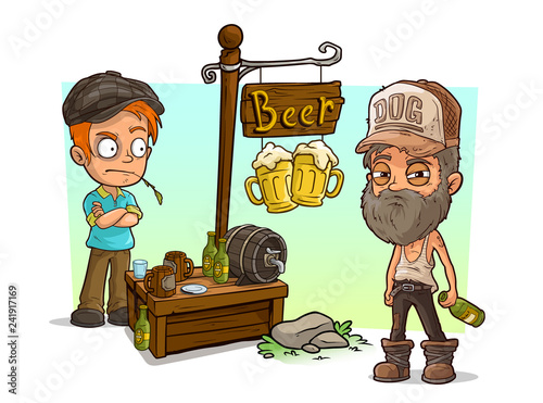 Cartoon alcoholic and bad guys with beer shop