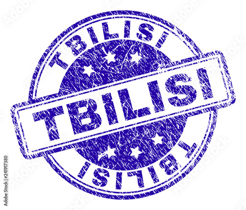 TBILISI stamp seal imprint with grunge effect. Designed with rounded rectangles and circles. Blue vector rubber print of TBILISI tag with grunge texture.