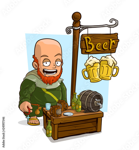Cartoon old monk character and beer shop