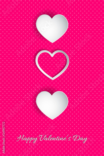 Happy Valentine s Day lettering Vector illustration  Beautiful Heart  Abstract paper art 3D Hearts on pink background with dots.