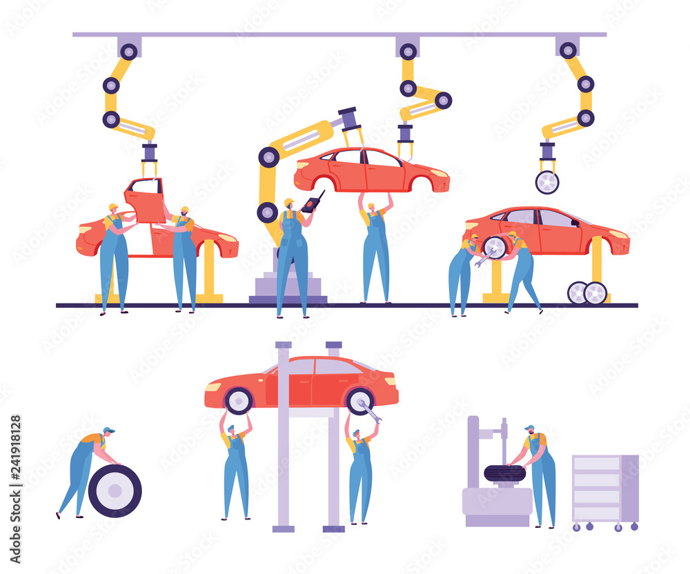 Car Production Factory Machinery Line Set. Automotive Industry Automatic  Robotic Plant Design. Man Character Work at Industrial Tyre Fitting  Equipment Conveyor Flat Cartoon Vector Illustration Stock Vector | Adobe  Stock