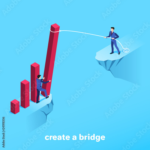 Isometric image on a blue background, men in business suits on the edge of the abyss and a red column of the chart as a bridge