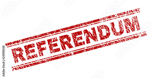 REFERENDUM seal watermark with grunge texture. Red vector rubber print of REFERENDUM text with unclean texture. Text title is placed between double parallel lines.