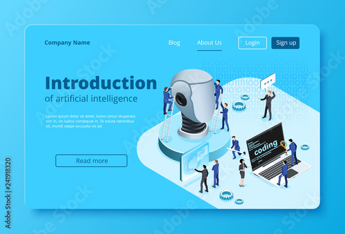 isometric image on a blue background, men in business suits are developing an artificial intellekt, design landing