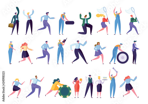 Various Business People Character Set. Businessman Work Isolated Collection. Different Gesture Employee Team Stand Together. Businesswoman Manager Flat Cartoon Vector Illustration Collection