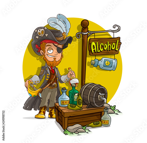 Cartoon pirate character and alcohol shop