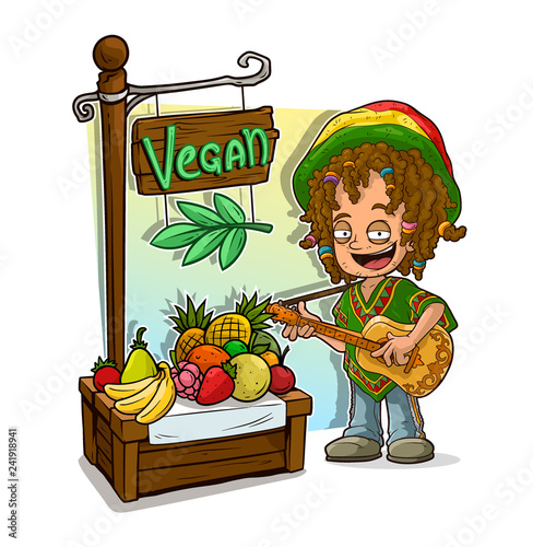 Cartoon rastaman character and vegan fruit shop