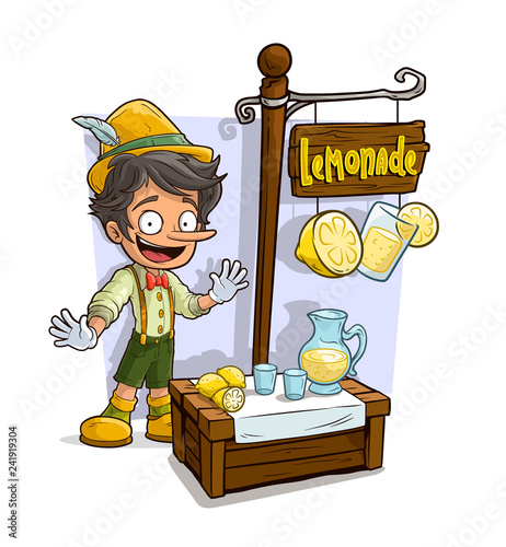 Cartoon pinocchio character and lemonade shop