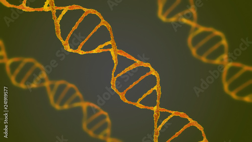 Futuristic double chain DNA, two colors, The scene with under a microscope on a background. The Concept molecular biology and biotechnology,  DNA genomes. 3D rendering