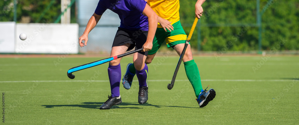 Close up of two field hockey players, challenging eachother for the control and posession of the ball during an intense, competitive match on professional level Close up of two field hockey players, challenging eachother for the control and posession of the ball during an intense, competitive match on professional level