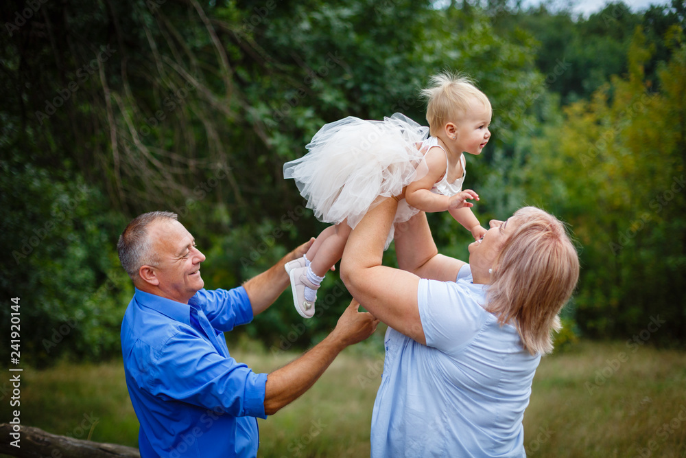Fototapeta premium Portrait of adorable grandparents with her cute granddaughter walking in the park. Happy grand mother and grand father holding on hands their beautiful little grandchild. Happiness.Family. Love